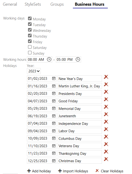 Business hours settings